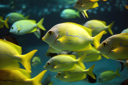 school of tropical fish swimming together in school, created with generative aiの素材