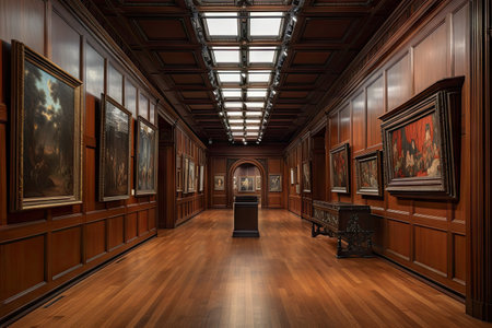 gallery of art, with wood-paneled walls as the background, created with generative aiの素材