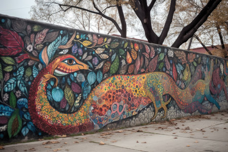 colorful mural of mythical creature, with detailed ornaments and patterns, created with generative aiの素材