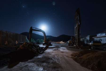 construction site with view of the night sky, with stars and moon visible in the background, created with generative aiの素材