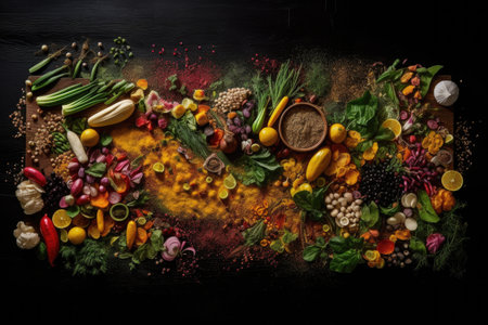 vegetables, spices, and other ingredients arranged in a beautiful and artistic way, created with generative aiの素材