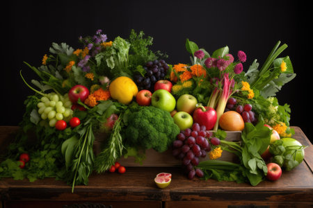 a colorful arrangement of fruits and vegetables, with accents of greenery, created with generative aiの素材