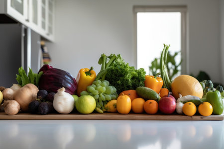 simple arrangement of ripe fruits and vegetables, perfect for a modern kitchen, created with generative aiの素材