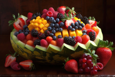 a bountiful fruit arrangement with berries and melon, created with generative aiの素材