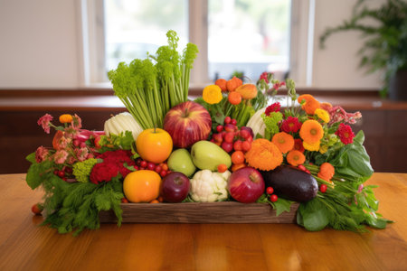 harvest-themed arrangement with apples, carrots, and other fruits and vegetables, created with generative aiの素材