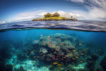 remote island surrounded by schools of colorful fish, with dramatic background scenery, created with generative aiの素材