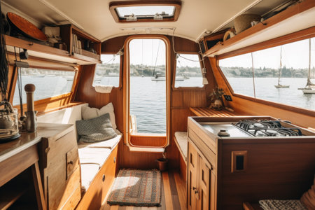 tiny home on a sailboat, with view of the open water, created with generative aiの素材