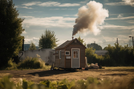 tiny home squatting on a vacant lot, with smoke billowing from the chimney, created with generative aiの素材