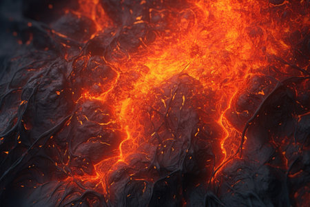 close-up view of erupting volcano with fiery lava flow, created with generative aiの素材