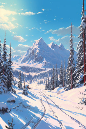 snow-covered mountain landscape with ski tracks, created with generative aiの素材