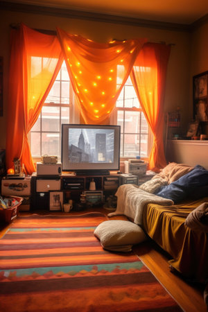 family movie night setup with projector and blankets, created with generative aiの素材