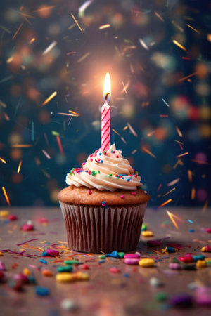 a festive cupcake with a single lit candle and sprinkles, created with generative aiの素材