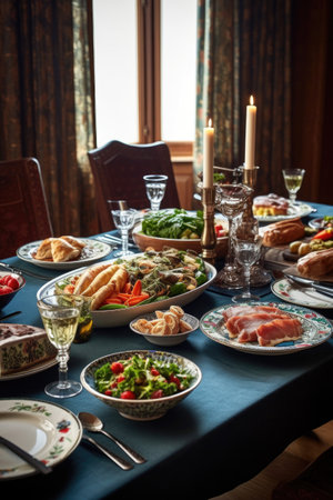 a table set for a festive family meal with various dishes, created with generative aiの素材