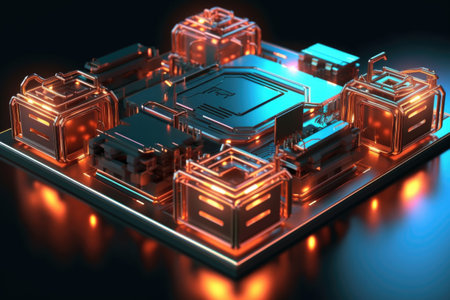 3d render of glowing neon circuit board design, created with generative aiの素材