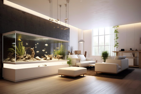 minimal room with an aquarium as a focal point, created with generative aiの素材