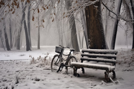 abandoned bicycle by a snow-blanketed bench in the park, created with generative aiの素材