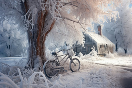 snow-covered bicycle leaning against a frosty tree, created with generative aiの素材