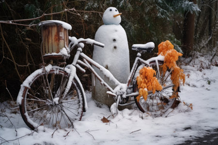 abandoned bike with a snowman built next to it in a winter park, created with generative aiの素材