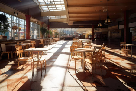 sunlit empty food court with scattered chairs, created with generative aiの素材