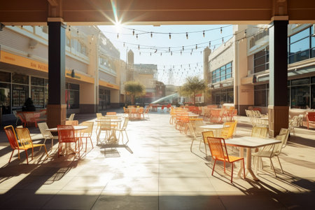 sunlit empty food court with scattered chairs, created with generative aiの素材