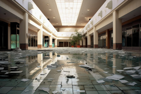 cracked and damaged floor tiles in a deserted mall, created with generative aiの素材