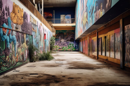 graffiti-covered walls inside a vacant mall, created with generative aiの素材