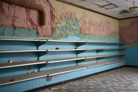 empty store shelves with peeling paint, created with generative aiの素材