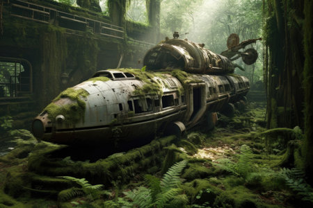 crumbling spacecraft in a lush, moss-covered forest, created with generative aiの素材