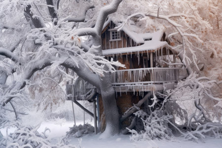 snowfall gently covering treehouse and surrounding branches, created with generative aiの素材