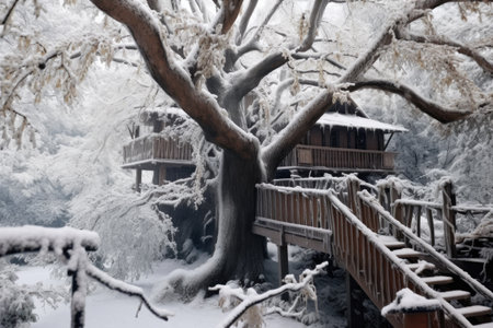 snowy tree branches surrounding the treehouse, created with generative aiの素材
