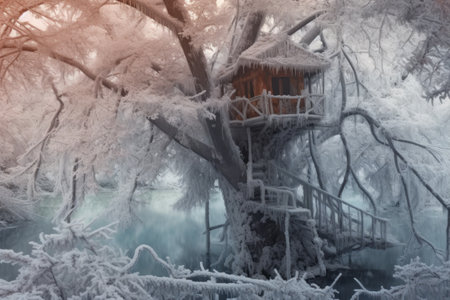abandoned treehouse seen through frosty branches, created with generative aiの素材