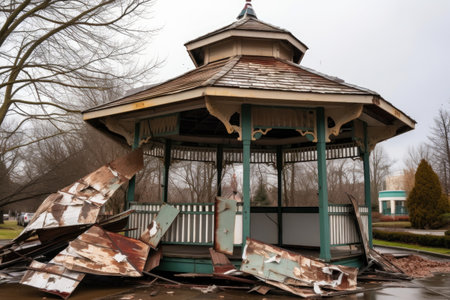 damaged park gazebo with roof pieces missing, created with generative aiの素材