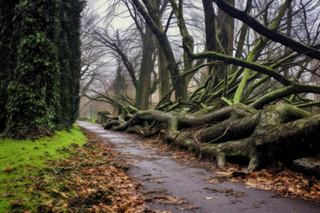 fallen tree branches scattered on park pathway, created with generative aiの素材