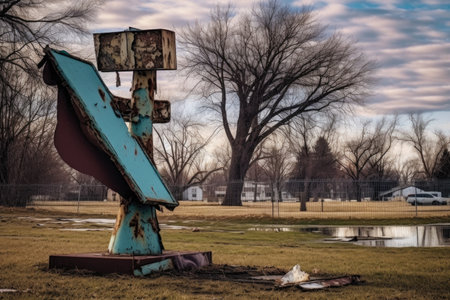 tattered park sign with wind damage, created with generative aiの素材