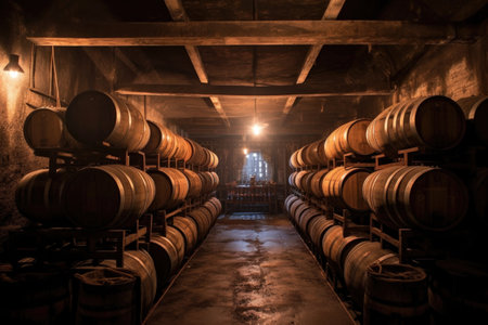 row of aged whiskey barrels in a dimly lit cellar, created with generative aiの素材