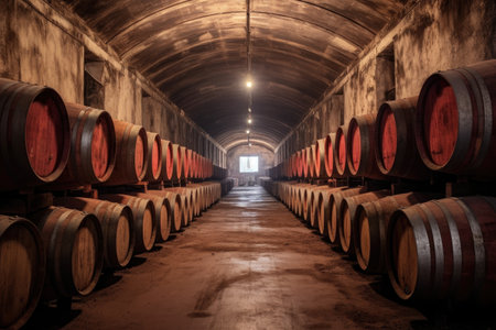 row of old barrels in a dusty wine cellar, created with generative aiの素材