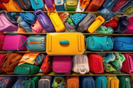 overhead view of colorful luggage on conveyor belt, created with generative aiの素材