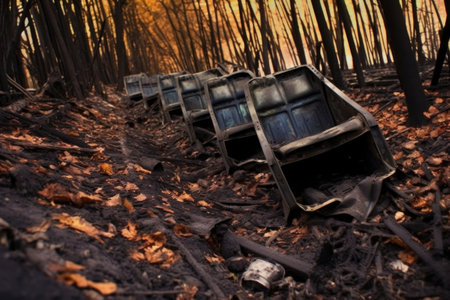 burnt airplane seats scattered on ground, created with generative aiの素材