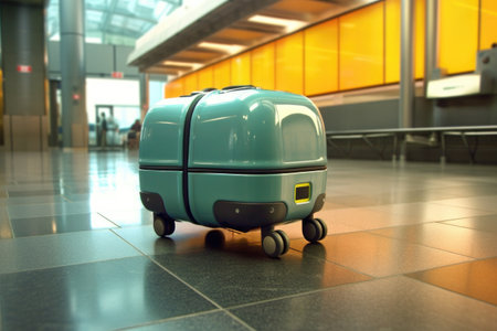 smart luggage with gps tracker at baggage claim, created with generative aiの素材