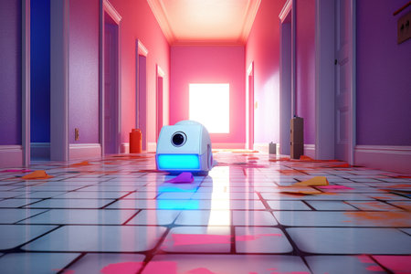 robot vacuum navigating through a hallway with obstacles, created with generative aiの素材