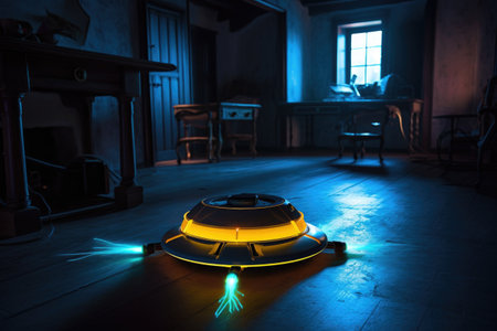 illuminated robotic vacuum operating in a dark room, created with generative aiの素材
