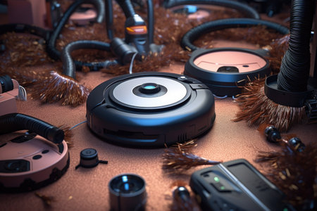 close-up of robot vacuums brushes, wheels, and sensors, created with generative aiの素材