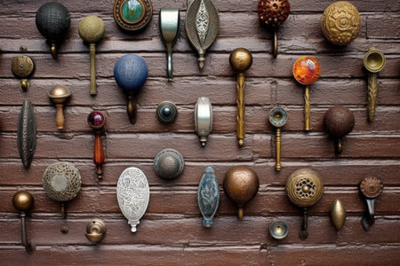 variety of antique door knobs against a rustic brick wall, created with generative aiの素材