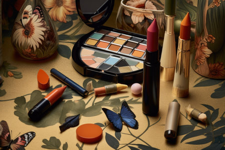 lipstick tube next to makeup brushes and cosmetics, created with generative aiの素材