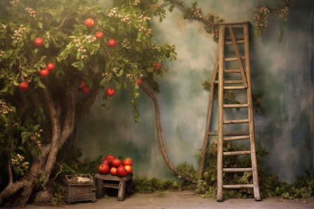 rustic ladder leaning against apple tree, created with generative aiの素材