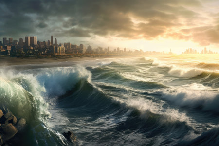 panoramic skyline of coastal city with waves crashing on shore, created with generative aiの素材