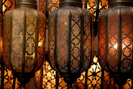 close-up of intricate moroccan lantern patterns, created with generative aiの素材