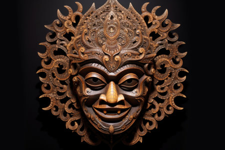 intricate wood carving of a balinese mask, created with generative aiの素材