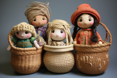 woven baskets filled with handmade dolls, created with generative aiの素材