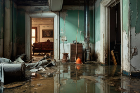 broken pipe with water flooding a basement floor, created with generative aiの素材